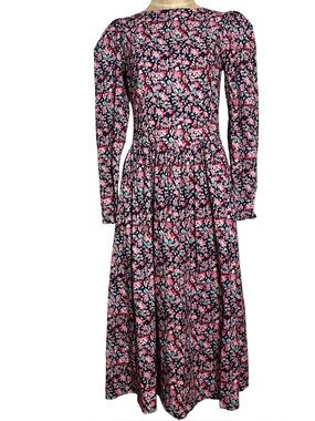 Vintage Laura Ashley Berry Floral Cotton Midi Dress Puff Sleeve Cottagecore 10